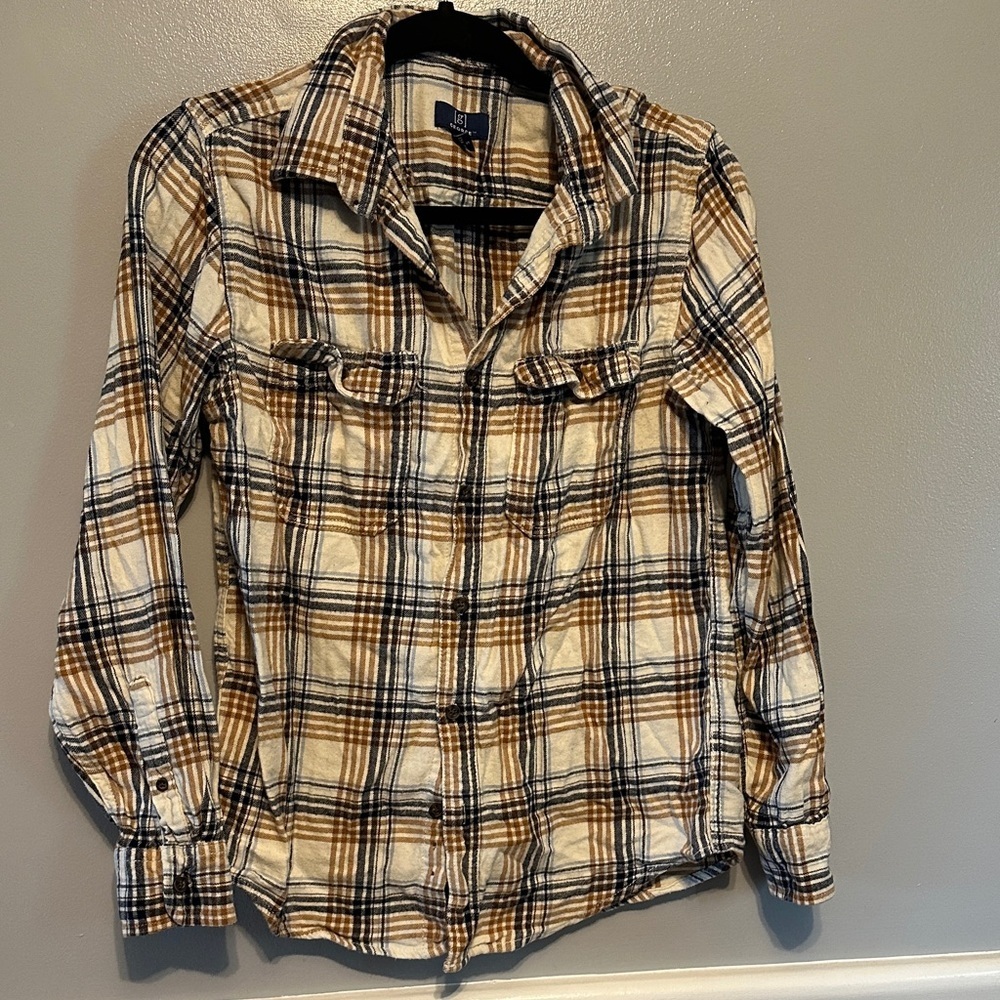 George Tan and Black Plaid Button Down Shirt